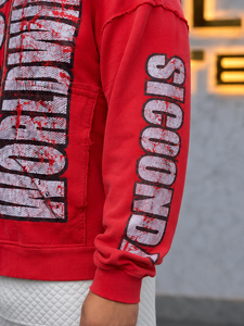 Custom Red Distressed <b>Zip</b> <b>Up</b> <b>Hoodie</b> Oversized Streetwear <b>Graphic</b> Print Rhinestone Studded Hood Unisex Manufacturer Wholesale OEM - Product Image 5