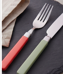 Ensemble de couverts en acier inoxydable avec poignée colorée et finition miroir, couteau, fourchette, cuillère, compatible lave-vaisselle, design minimaliste pour usage domestique - Product Image 2