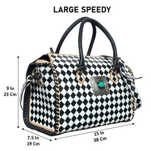 Western Black & White Checkered 15" Speedy Bag with Teal Concho Women's Designer Hand <b>Tooled</b> Cow <b>Leather</b> Travel Duffel Carry Bag - Product Image 2