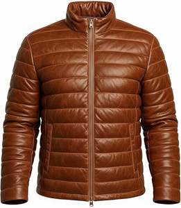 Chaqueta de cuero de piel de cordero con relleno de plumón para hombre - Chaqueta bomber acolchada en color marrón desgastado - Product Image 1