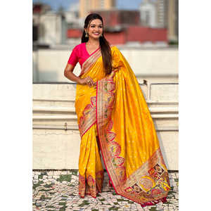 Sari de Pashmina de Seda Darbari con Bordado Zari, Color Mostaza, Ropa India y Pakistaní, 700g, Tejidos de Élite - Product Image 1