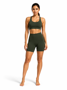 Olive <b>Green</b> Plus Size Solid 2 Piece Yoga Set Crew Neck Racerback <b>Crop</b> <b>Top</b> High Waist Biker Shorts Seamless Eco-Friendly - Product Image 1