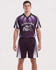 Maillot de volley-ball pour homme en polyester Dry Fit d'été, violet, uniforme de football personnalisé par sublimation avec maillot à col en V et ensemble short - Product Image 4