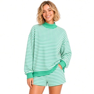 Ensemble deux pièces rayé en tricot : pull à col roulé et short décontracté coupe ample, idéal printemps-été, 100 % coton respirant - Product Image 3