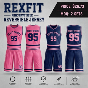 Conjunto de Uniforme de Baloncesto Reversible Rexfit, Color Rosa y Azul Marino, Sublimado, Absorbente de Humedad, Unisex, para Adultos - Product Image 1