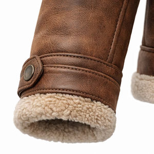Mens Vintage <b>Brown</b> Synthetic <b>Leather</b> <b>Jacket</b> Custom Fabric Weight Sherpa Fleece Lined Panelled Custom Embossed Logo Coat - Product Image 4