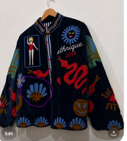 Chaqueta Bomber de Terciopelo Transpirable Tejida Ethnique 2014 con Patrones de Letras de Dibujos Animados Bordados, Manga Larga, Forro de Nailon para Mujer