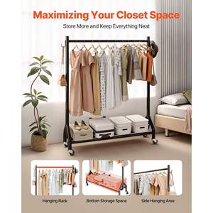 Appendiabiti in Acciaio al Carbonio Resistente con Ruote, Capacità di Carico 90 kg, Ganci Laterali per Appendere Indumenti in Camera da Letto e Soggiorno - Product Image 2