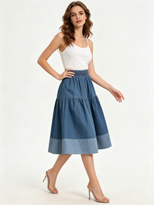 Women's Denim A-Line Midi <b>Skirt</b> <b>Elastic</b> <b>Waist</b> Ruffles Solid Color Casual Style All Seasons Wear - Product Image 4