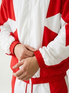 Survêtement Homme Rouge et Blanc à Blocs de Couleurs, Fermeture Éclair Intégrale, à Capuche, Décontracté, Sportif, Respirant, en Polyester Léger, Coupe Classique, Hiver - Product Image 4