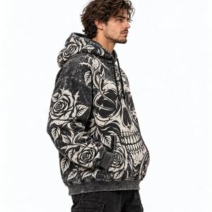 Sudadera con capucha para hombre con lavado ácido, estilo gótico con estampado de calavera y rosas, vintage, con bolsillo canguro - Product Image 3