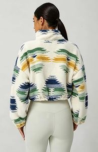 Cropped <b>Fleece</b> <b>Jacket</b> Women Stand Collar Zip Up Full Sleeve Geometric Print Soft <b>Warm</b> Autumn Outerwear - Product Image 4