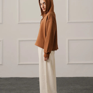 Manteau en coton à capuche pour femme, coupe régulière, couleur unie, coupe oversize, coupe-vent, manches longues, pour l'automne, avec poches, sans doublure, anti-boulochage - Product Image 1