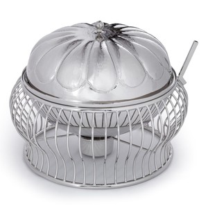 Elegant Silver Chafing Dish Featuring A Pumpkin Shaped Lid Cage <b>Stand</b> And Serving Spoon Ideal For Fine Dining Wedding Events - Product Image 1