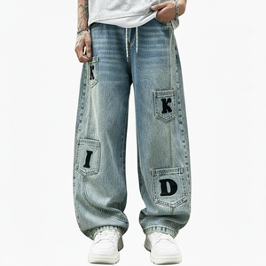 Jean en denim style américain vintage, imprimé numérique, écologique, séchage rapide, coupe droite, taille mi-haute, imprimé lettres, streetwear - Product Image 1