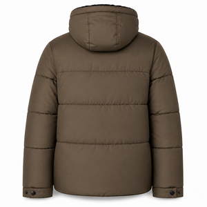 Blouson matelassé à capuche pour homme avec patch personnalisé, construction matelassée large, fermeture éclair contrastante sur le devant, poignets à boutons-pression, streetwear d'hiver - Product Image 3