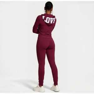 OEM/ODM Women's Solid <b>Hooded</b> <b>Zip</b>-Up Jogging Sets with Custom Embroidery White Letter Drawstring Pockets 100% Cotton Anti-shrink - Product Image 2