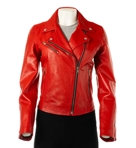 Women's Red Genuine Leather Moto Jacket Full Sleeve Zipper Closure Stand Collar Autumn Style - Product Image 1