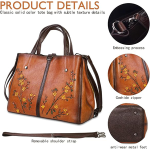 Sac fourre-tout en cuir véritable pour femme avec broderie florale, style vintage, bandoulière, sac à main décontracté, fermeture à boucle durable - Product Image 4