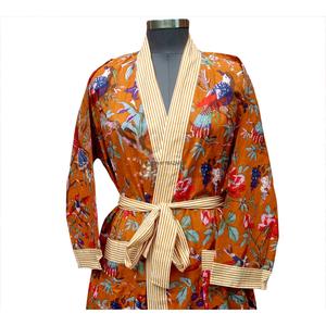 Kimono Largo Estilo Textil Indio, Suave y Transpirable, de Algodón, Cuello en V, Casual, Manga Tres Cuartos, Estampado Animal/Floral, para Mujer - Product Image 3