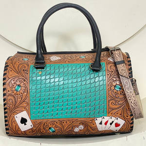 Bolso Grande de Cuero Grabado a Mano Estilo Western, Bolso Cruzado Elegante con Diseño Turquesa en Relieve, Bolsos de Viaje para Uso Diario - Product Image 4