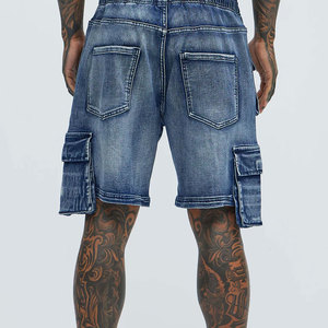 Pantalones cortos de mezclilla para hombre Lupin: Fabricante de mezclilla, cintura doble personalizada, rodillas con diamantes y pedrería, estilo cargo holgado. - Product Image 5