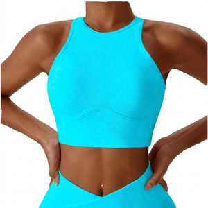 Soutien-gorge de sport côtelé respirant pour femme, col ras du cou, dos nageur, maintien élevé, pour yoga et fitness, blanc uni avec logo frontal - Product Image 3
