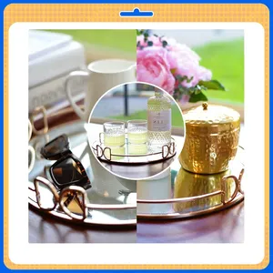 Plateau décoratif rond miroir avec cadre géométrique plaqué or, 12 pouces, style Hollywood Glamour pour la décoration intérieure - Product Image 4