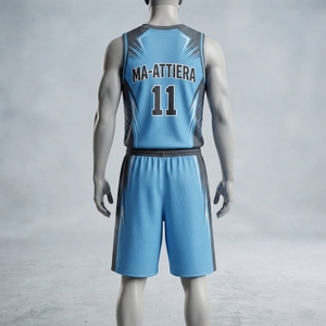 Ensemble short et maillot de basket-ball personnalisé bleu ciel et gris, uniforme d'équipe graphique, vêtements de sport par sublimation, maille respirante, OEM ODM - Product Image 2