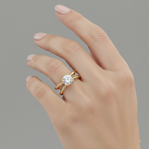 Anillo de compromiso solitario de oro macizo Stonewels con diseño de cable entrecruzado redondo, apto para certificación |   Cesta de trébol vintage con engaste de púas - Product Image 4