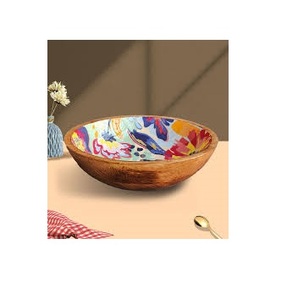 Tazón para Servir Hecho a Mano de Madera de Mango |   Tazones para mezclar ensaladas con estampado floral en esmalte |   Tazón Decorativo para Ensalada de Frutas para el Hogar, Tazones de Madera - Product Image 1