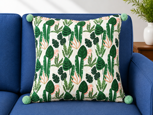 Funda de Cojín de Lujo con Estampado de Hojas Tropicales y Bordes de Pompones Hechos a Mano, Decoración Contemporánea para el Hogar, 100% Lino - Product Image 1