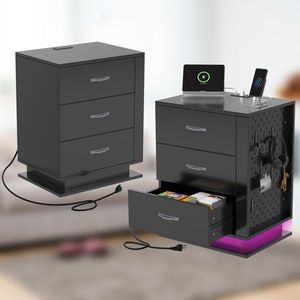 Black <b>3</b>-Drawer Bedside Table Nightstand with RGB LED <b>Charging</b> Station and USB Ports Modern Bedroom Furniture - Product Image 2
