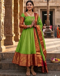 Green Kanchi Cotton Kurti Dupatta With <b>Red</b> Border Traditional Indian Wedding Dress For Women Ankle Length Regular Fit Kurtis - Product Image 1