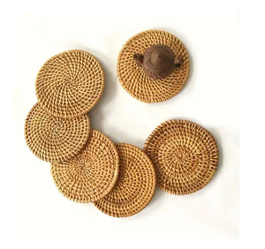 Sous-verre en rotin BOHO de qualité supérieure avec support, design tressé naturel, sous-verre carré en rotin BOHO - Product Image 3
