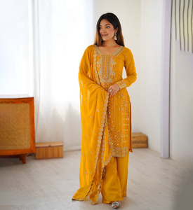 Salwar Kameez pour femmes, coupe trapèze, broderie florale, en satin, pour tissu Lawn, style indien pakistanais, tenue de mariage et de fête, longueur ras du sol - Product Image 1