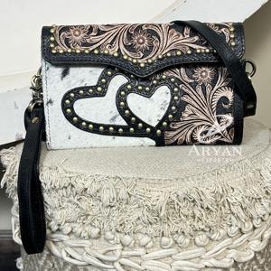 Vintage Western Style Hair On Hide Tooled Leather Shoulder <b>Crossbody</b> <b>Mini</b> <b>Bags</b> New Heart Design Artwork Clutches For Women's - Product Image 1