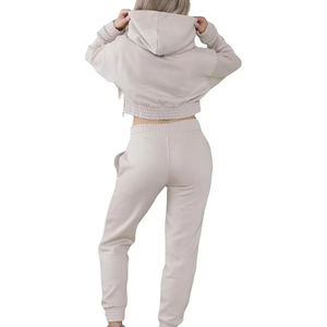 <b>Women's</b> <b>Beige</b> Cropped Zip Hoodie <b>Jogger</b> Pants Set Casual Two Piece Eco-Friendly 100% Cotton Tracksuit Loungewear Custom Private - Product Image 6