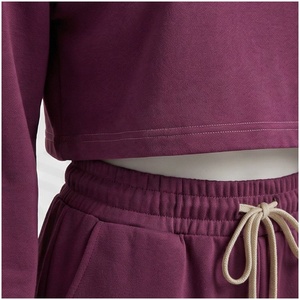 Women Solid Color Crew Neck <b>Long</b> <b>Sleeve</b> <b>Crop</b> Top & Wide Leg Drawstring Pants Tracksuit Set Autumn Casual Loose Fit 100% Cotton - Product Image 5