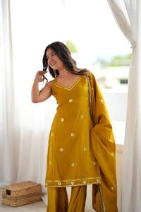 Pryosha Enterprise <b>Women</b> Haldi Yellow Sleeveless <b>Kurta</b> Mirror Embroidered Yoke Back Dori Sharara Suit All Seasons - Product Image 5