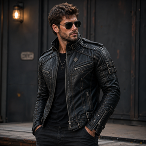 Veste de moto en cuir véritable pour hommes, col montant, fermeture éclair, coupe-vent, avec ceinture et poches, coupe ajustée - Product Image 5