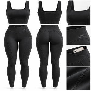 Womens <b>Black</b> Square Neck <b>Yoga</b> Set Sports Bra High Waist Pocket <b>Leggings</b> Gym Fitness Workout Activewear Two Piece - Product Image 1