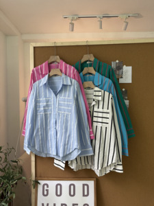 SUBICI L8107 Women's Oversized Striped Shirt Double Chest Pockets Long Sleeve Button Down Loose Fit Casual Fashion Blouse <b>Top</b> - Product Image 1