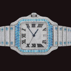 Boîtier carré en gros entièrement serti de diamants Moissanite, chiffres romains avec fonction date automatique, design tendance et dernier cri - Product Image 1