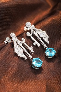 Luxury Chandelier <b>Earrings</b> With Blue Topaz And <b>Diamond</b> Asscher Cut Geometric Design For Women Wedding Jewelry - Product Image 6