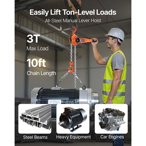 Heavy Duty Manual Lever Chain <b>Hoist</b> 3T 6600LBS Capacity 10FT Lift G80 Alloy Steel Dual Pawl Mechanical Come Along - Product Image 2