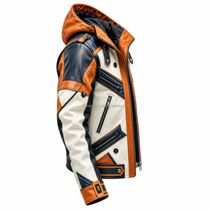 Veste de moto pour homme, coupe slim, coupe-vent, à capuche, avec blocs de couleur, col rabattable, fermeture éclair, manches classiques - Product Image 4