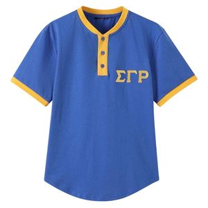 Camisa Henley Premium Sigma Gamma Rho SGRho Azul Dorado, Prenda Griega Elegante para Hermandad - Product Image 1