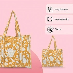 Yellow Letter Pattern Cotton Canvas Tote <b>Bag</b> Kantha Stitch Women <b>Large</b> Capacity Shopping <b>Beach</b> Eco-Friendly Shoulder <b>Bag</b> Fashion - Product Image 4