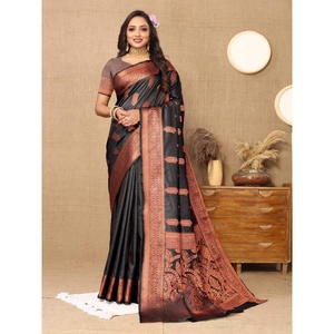 ÚLTIMO SUAVE SEDA ZARI TEJIDO SAREE CON BLUSA SIN COSTAR NEGRO - Product Image 1